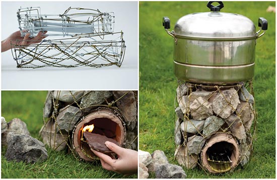 DIY Rocket Stove Out Of Stones And Coat Hangers