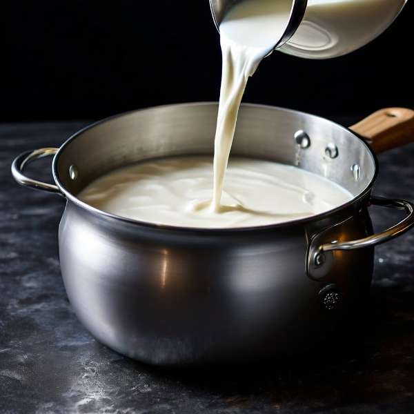 Pour your gallon of whole milk into the large stainless steel pot.